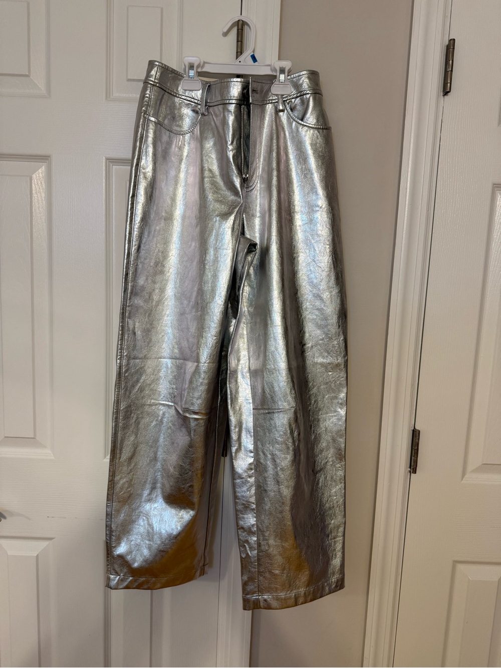 Metallic Silver Wide-Leg Pants